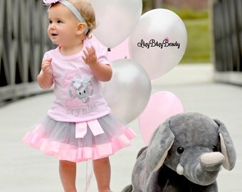 Elephant First Birthday - Baby Girls Pink Grey Chevron - First Birthday Outfit - Elephant Shirt - Outfit - Ribbon Tutu - Headband - Pink