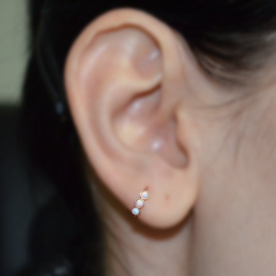 Solid Gold Tragus Earring 2mm White Opal - Nose Ring Stud - Cartilage Hoop Earring - Helix Piercing - 20g Rook Hoop - Septum Ring 20 gauge