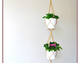 Double Macrame plant hanger - 56 inches long - modern simple style - many colors - brown black white turquoise red yellow green blue