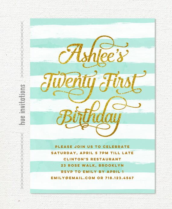 stripes 21st birthday party invitation turquoise blue and
