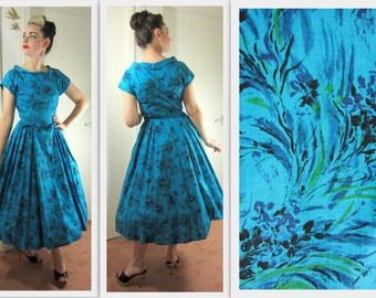 VIBRANT 1950's New Look Style Abstract Floral Print Dress - VLV - Size S/M
