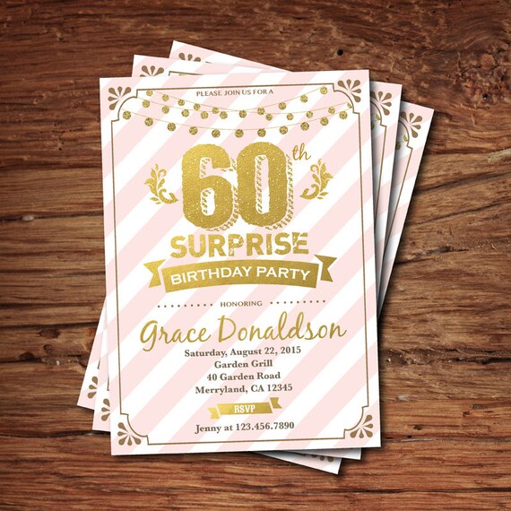 Surprise 60th birthday invitation. Woman. Pink stripes and