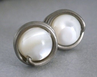 White Mother of Pearl Earrings Grade 1 Titanium SS Wire Wrap Jewelry Little White Studs Wrapped Pearls MOP Jewelry