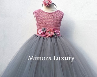 Dusty pink and Grey Flower girl dress, tutu dress, bridesmaid dress, princess dress, silk crochet top tulle dress, hand knit silk top tutu