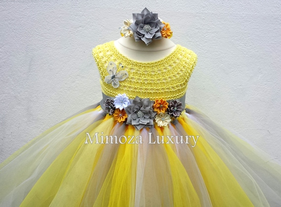 Yellow and Grey Flower girl dress, tutu dress bridesmaid dress, princess dress, silk crochet top tulle dress dress in yellow and gray