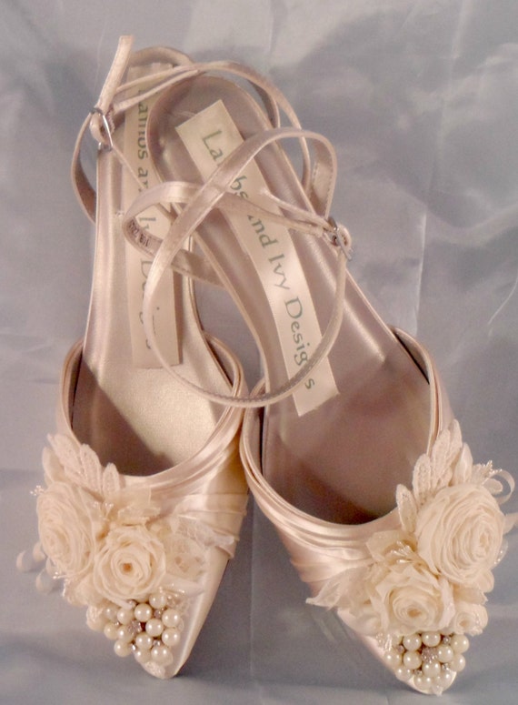 Ivory Flower Covered Kitten Heels Wedding Shoes by AJuneBride