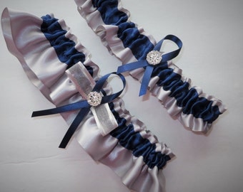 Silver and Navy Blue Garter Set, Silver and Navy Blue Garter, Bridal Garter, Keepsake Garter, Prom Garter, Costume Garter, Garter