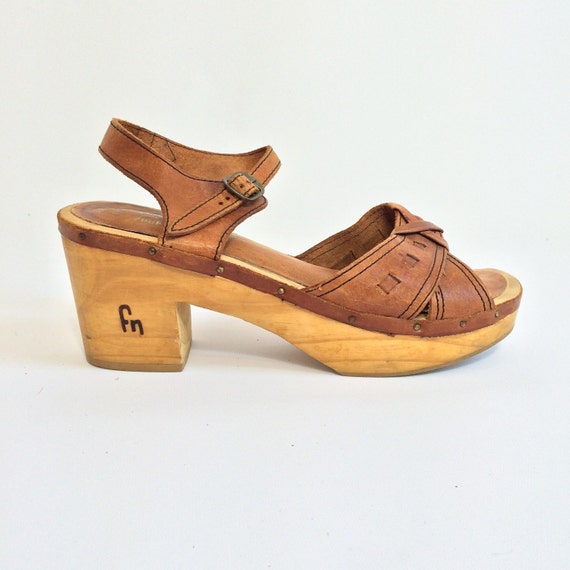 70s Leather WOOD Sandals PLATFORM High Heel OPEN Toe size