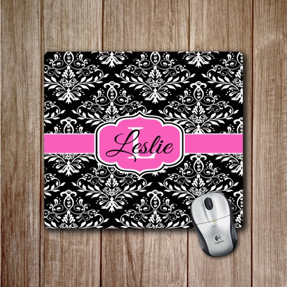 Items similar to Monogram Mouse pad Black and White Damask pattern