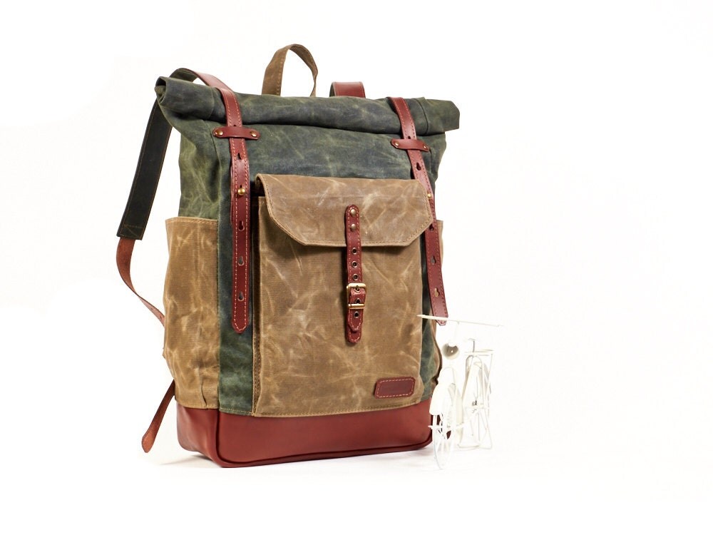 Green waxed canvas backpack. Waxed canvas leather backpack.