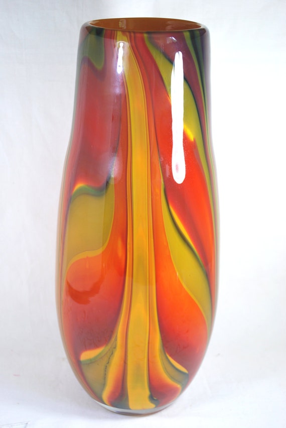Vintage Vase Murano Cased Glass Orange Yellow and Green