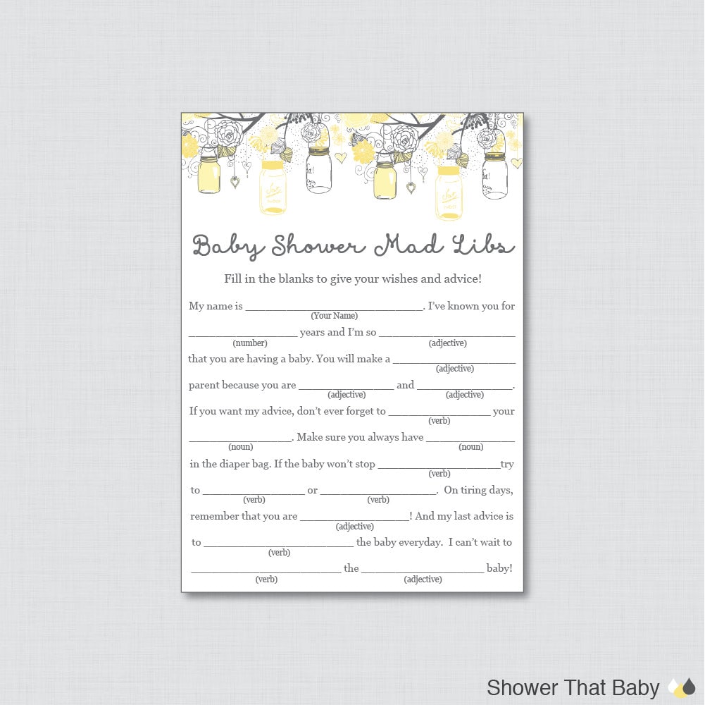 Mason Jar Baby Shower Mad Libs Printable Baby Advice Cards