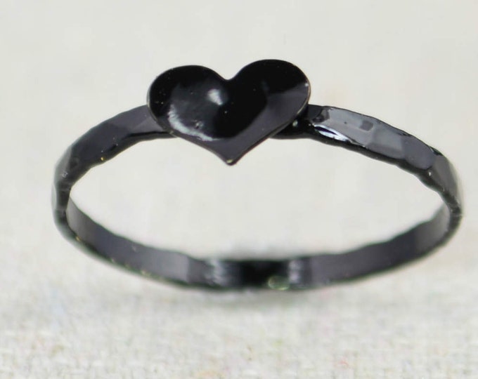 Black Heart Ring, Sterling Silver, Stacking Ring, Personalized Heart Ring, Black Ring, Initial Heart Ring, Initial Ring, BFF Ring, Goth Ring