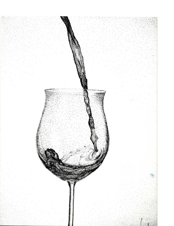 Items Similar To Stippled Drawing Of A Wine Glass And Pouring Red Wine Into The Glass Realistic 4141