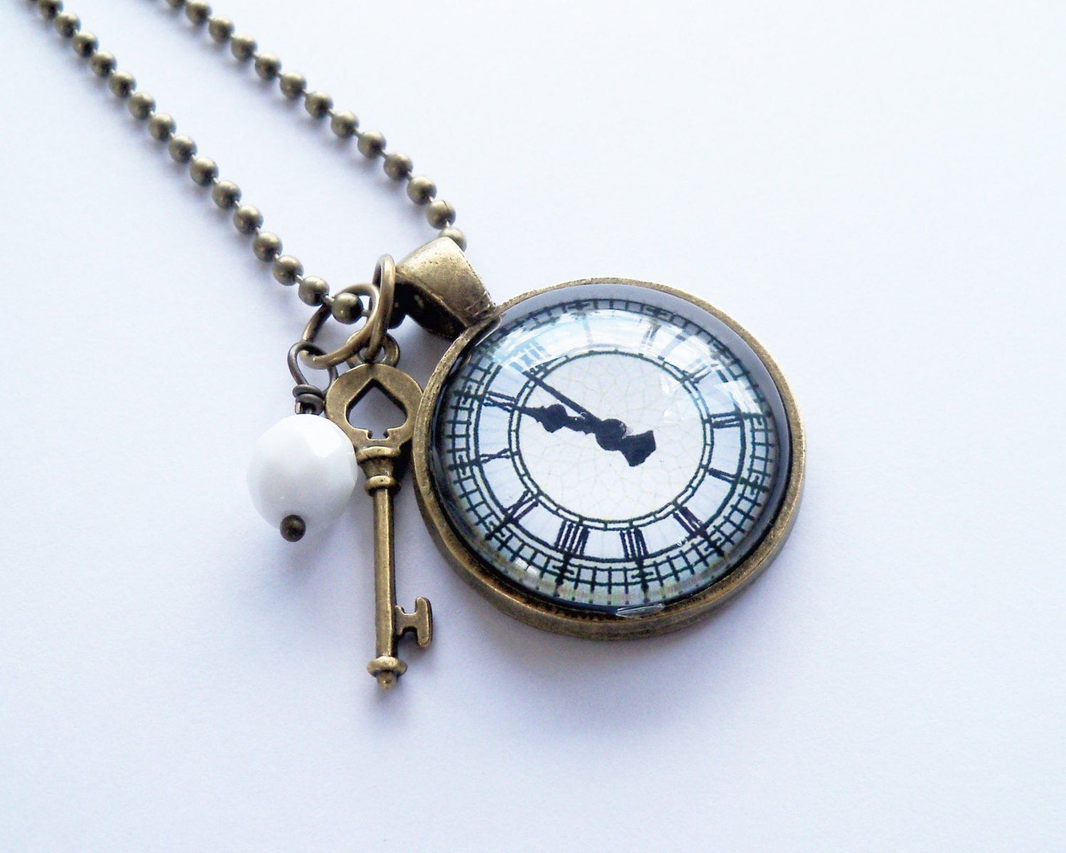Clock Pendant Necklace Roman Numerals You Choose Bead and