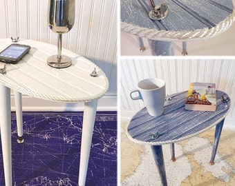 Cottage Porch Table - Small Side Table - Weathered Wood Nautical Oval Lakeside Table - 3 Legged Table - Boat Table - Beadboard Furniture