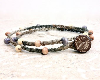 Hemp Anklet Double Wrap Anklet Hemp Wood Bead Anklet Natural Jewelry Tan Brown Grey Anklet Beach Crochet Anklet Gift Bohemian Jewelry Boho