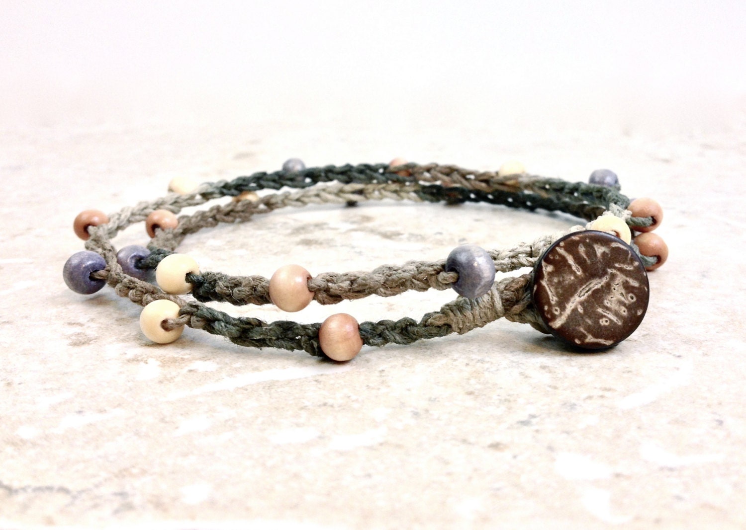 Hemp Anklet Double Wrap Anklet Hemp Wood Bead Anklet Natural