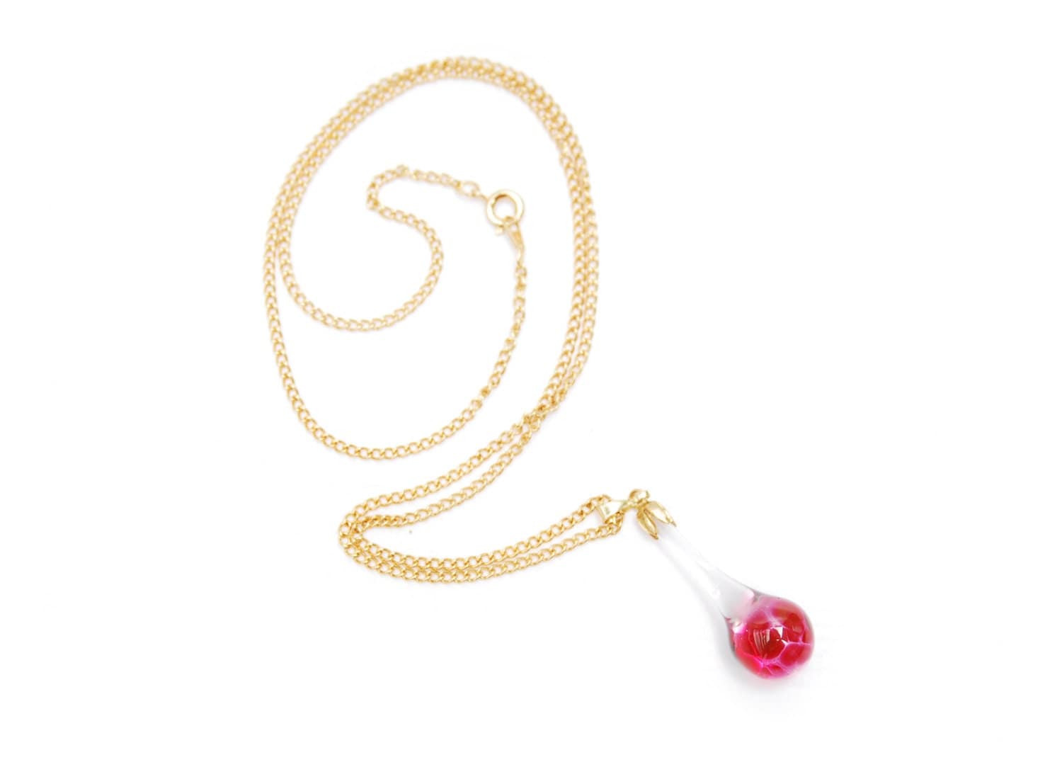 Golden necklace with vintage glass teardrop pendant, transparent and ...