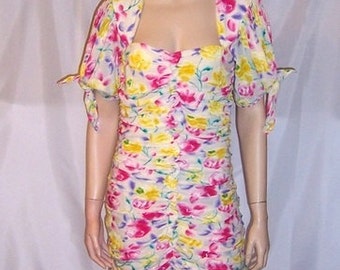Emanuel Ungaro Parallele Paris-White Floral Printed Silk Dress with Ruching