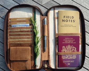LEATHER TRAVEL WALLET (small) passport holder folio portfolio zip closure secure document organiser real genuine