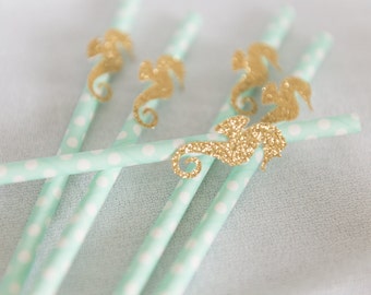 Under the sea birthday straws, little Mermaid birthday, sea green straws, seahorse