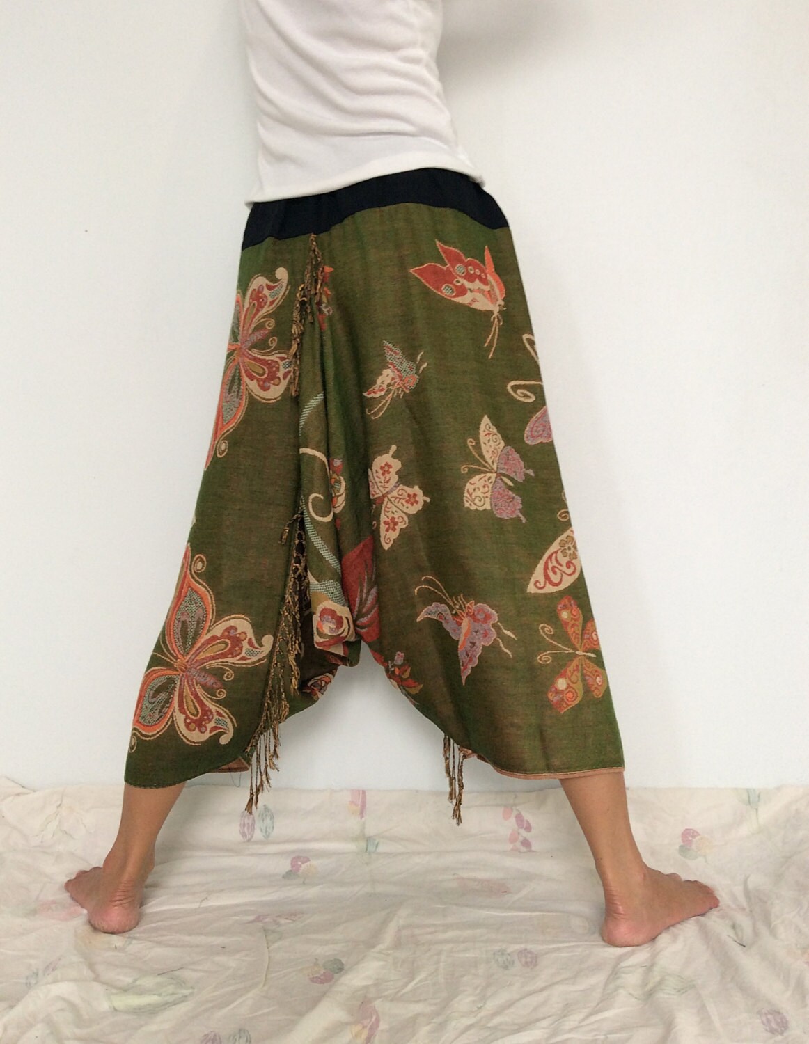 Light Green Soft Silk Harem Pants with Butterfly patterned