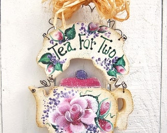 Teapot Door Wall Hanger Painted Rose Tea Sayings Shabby Chic Decorative Painted Wood Teapot Decor Roses Lilacs Pink Lavender Tea For Two