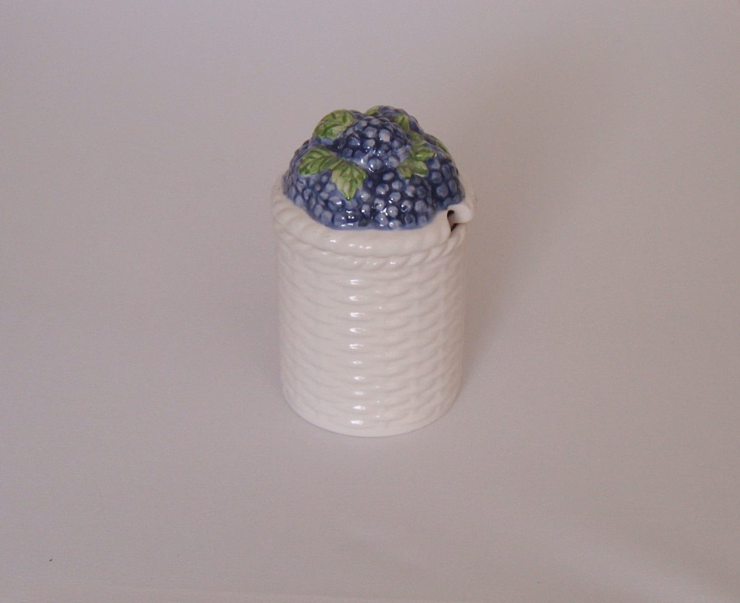 White Porcelain Jam Pot With Blueberries Lid, Vintage Pottery Haute Juice