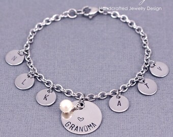 Grandma Hand Stamped Bracelet, Personalized Family Charm Bracelet, Dainty Initial Chain Bracelet, Grandma Bracelet, Grandma Gift, N150