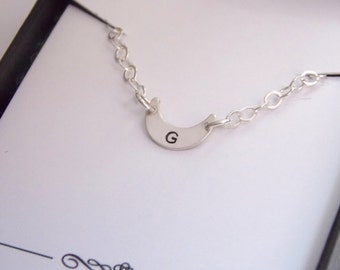 Crescent Necklace, Initial Necklace, Sterling Silver, Monogram, Half Moon, Initial Charm, Friend Grandma Mom Gift, Dainty, Everyday Jewelry