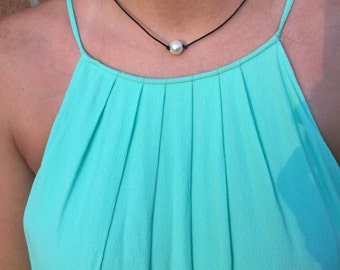 Leather Pearl Choker Necklace Short Length