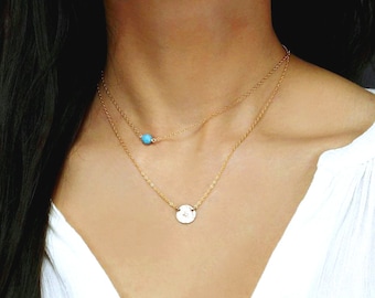Simple Layering Necklace, Personalized Disc Necklace, Layered Necklace Set, Tiny Gemstone Bead Necklace, Gold Initial Necklace