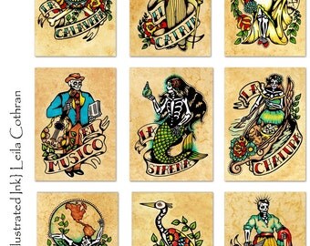 Day of the Dead Art Prints Mexican Loteria SET of 9 Designs - 5 x 7, 8 x 10, or 11 x 14