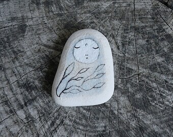 Beach Pottery Kanzeon Bodhisattva (Kuan Yin, The Bodhisattva of Compassion), Twig, Leaves, Serene, Meditation, Introspection, Calm, Peace