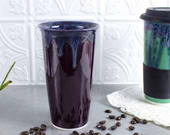 Ceramic Coffee Travel mug, Eggplant Purple BlueRoomPottery with silicon lid / sleeve handmade pottery Kitchen gift for dad / mom