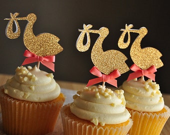 Baby Girl Shower Decorations. Handcrafted in 2-3 Business Days. Stork Cupcake Toppers 12CT.