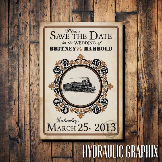 Train Save the Date Postcard, Steampunk Wedding, Printable Postcard Save the Date, Train Station Wedding, Train Station Party Il_570xn