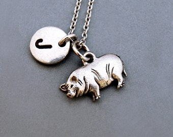 Potbelly pig necklace, Pot-bellied pig, initial necklace, initial hand stamped, personalized, antique silver, monogram