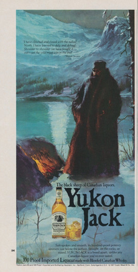 1977 Yukon Jack Whiskey Ad Mountain Man Winter Illustration
