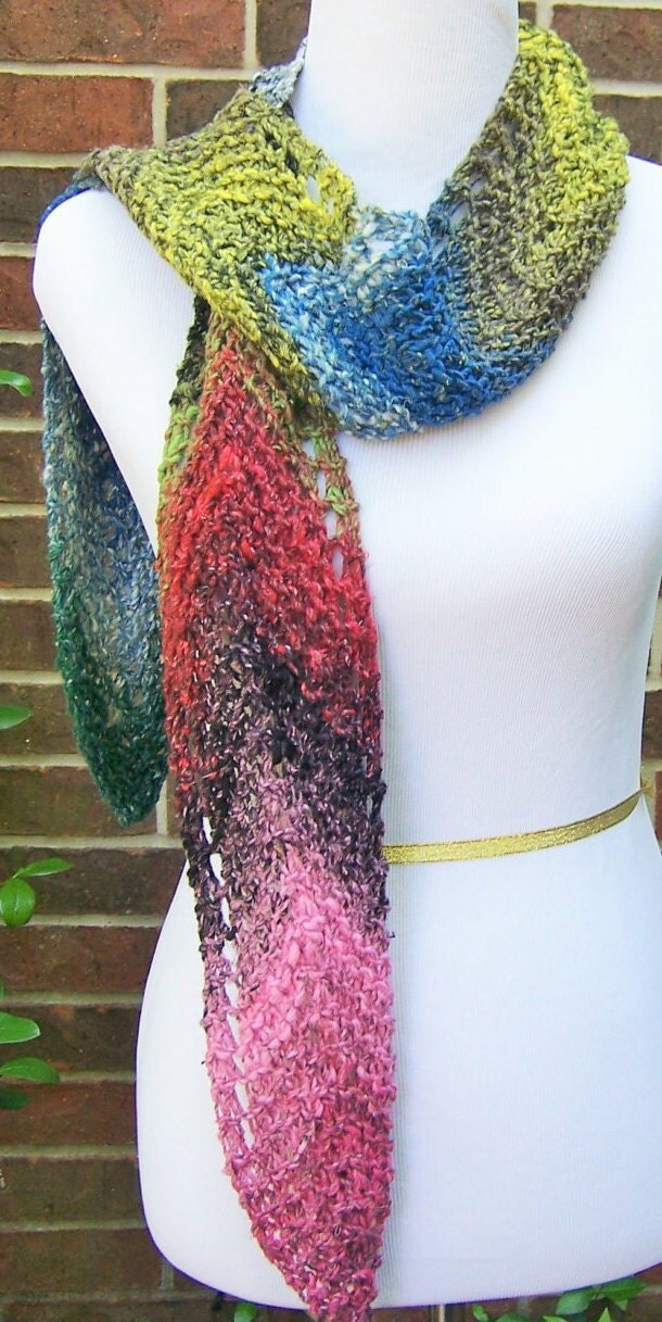 Quincy Noro Chevron Lace Scarf Hand Knit in Cotton Silk Wool