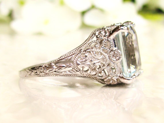 Vintage Aquamarine Engagement Ring 3.79ct Emerald Cut Aquamarine Ring ...