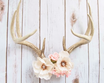 Magnolia - Custom Made Decorative Floral Deer Antlers - Large Deer Antlers with Silk Magnolias and Pink Roses
