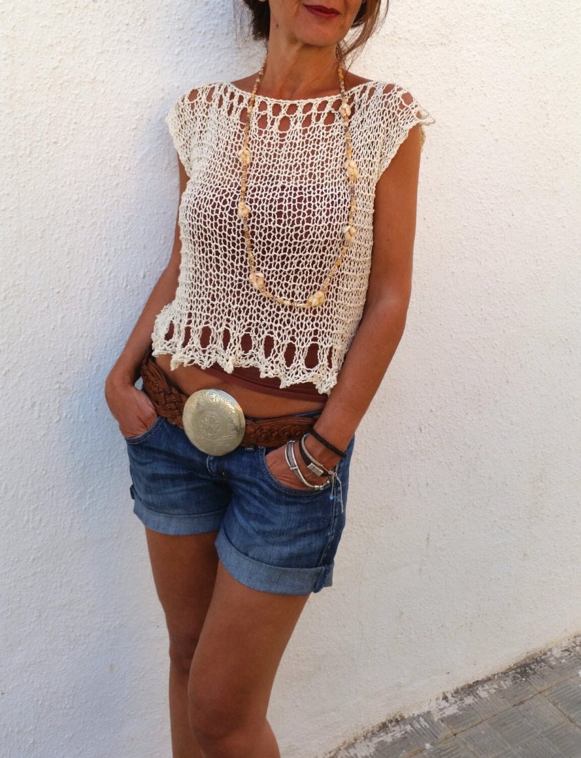 Knit cropped sweater crop top cream loose knit tank summer