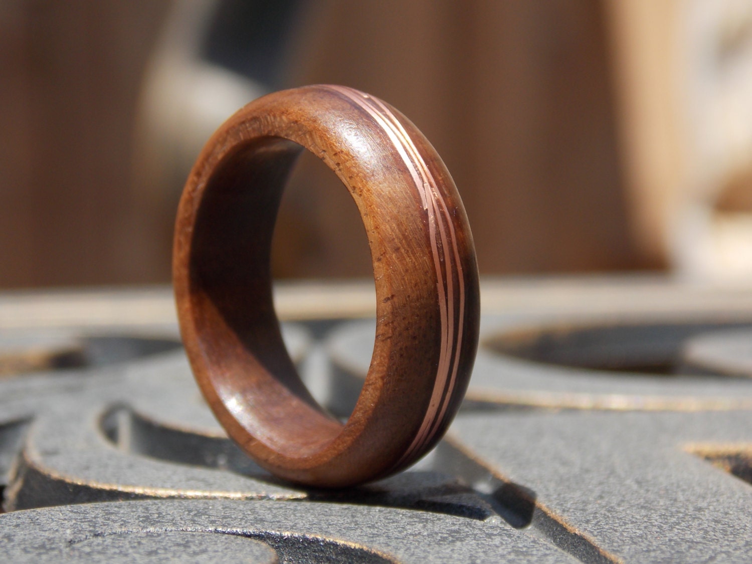 SALE 20 Men Walnut and Copper Wire Inlay wood ring size 10