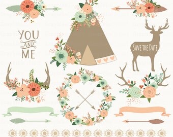 Floral Tribal Clipart. Floral Teepee, Floral arrows, borders, deer. Aztec Clipart. 15 images, 300 dpi. Eps, Png files. Instant Download.