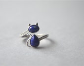 Lapis lazuli cat ring, sterling silver cat ring, zirconia cat ring, lasurite cat ring, big blue navy cat ring, adjustable (JZ74)