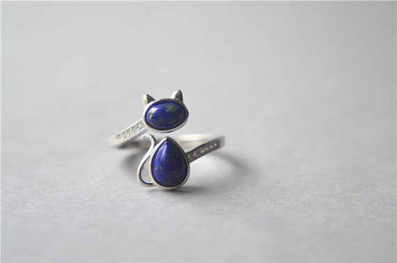 Lapis lazuli cat ring, sterling silver cat ring, zirconia cat ring, lasurite cat ring, big blue navy cat ring, adjustable (J74)
