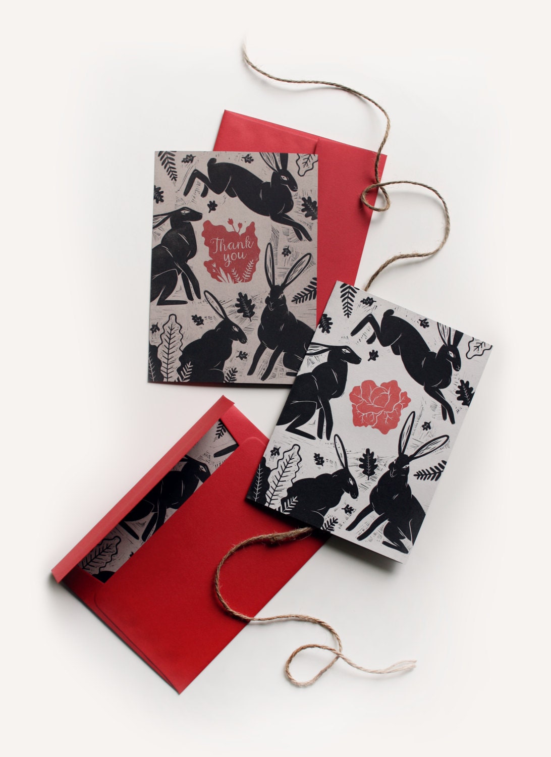 Hand Printed Linocut Greeting Cards with Envelopes. All