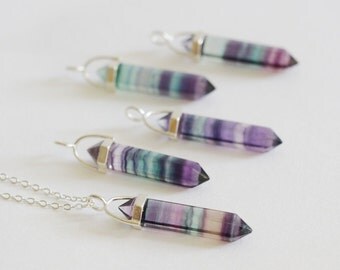 Rainbow Fluorite Necklace, Raw Stone Crystal Quartz Silver Necklace, simple, natural, gemstone, raw crystal necklace, crystal point necklace